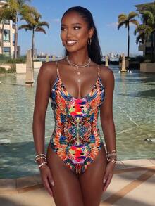 Vaytide 滿版印花露背連體泳衣 - 橘色 - 查看 2