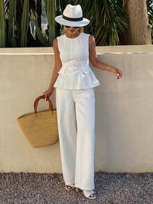 DAZY Bộ đồ thể thao mùa hè dành cho nữ, chất liệu cotton, thanh lịch, gồm áo kiểu cổ tròn không tay màu trắng và quần jeans trơn. - trắng - Xem 6