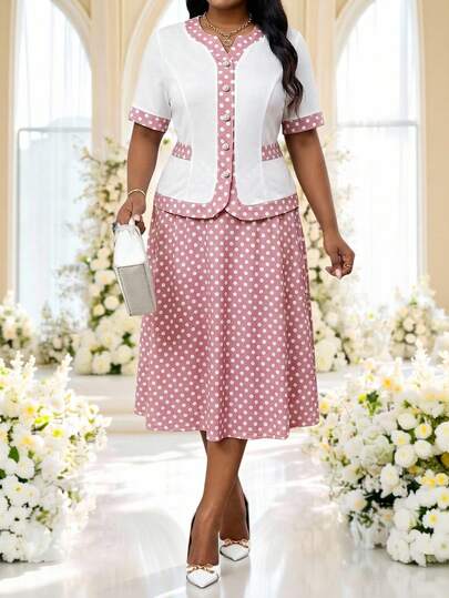 Fleurora Bộ đồ 2 món dành cho nữ cỡ lớn, phối màu khối, gồm áo tay ngắn cài cúc đơn và chân váy ngắn, thời trang cho các buổi tụ họp.