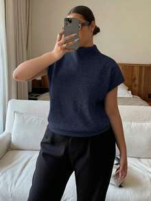 Dripcurv 女士加大码藏蓝色优雅高领宽松休闲百搭无袖针织背心，适合秋冬外出穿着 - 藏蓝色 - 查看 4