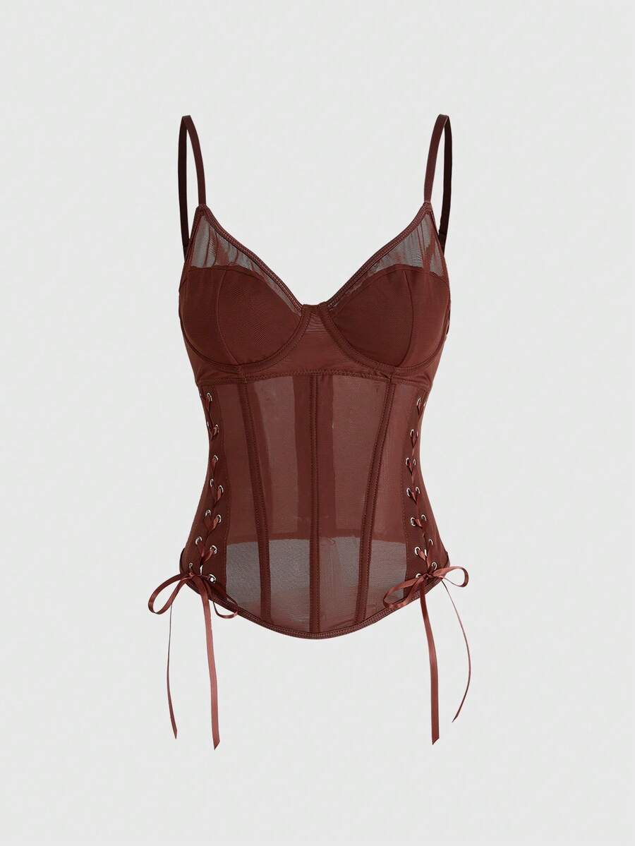 ROMWE Hippie 复古性感嬉皮音乐节透视网纱系带女式背心 - 咖啡棕 - 查看 1