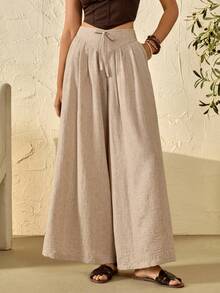Bóhologie Bow Front Slant Pocket Fold Pleated Wide Leg Pants - Beige - View 4