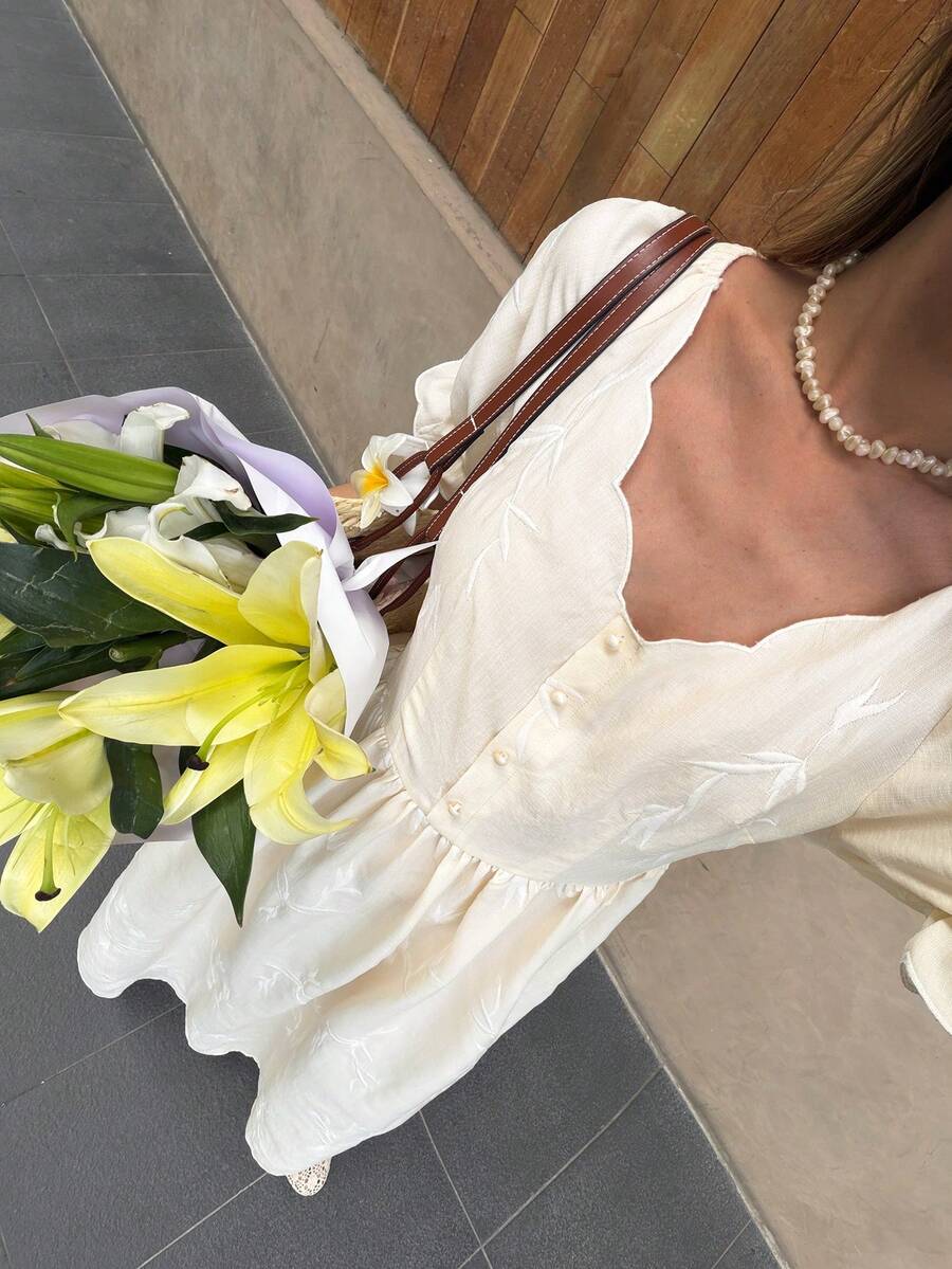 Serisse Women's Elegant Summer Vacation Creamy Yellow  Floral Embroidery Scalloped Button Front Puff Sleeve Midi Dress,Work Dresses For Women ,Casual Dresses For Woman, Elegant Dresses For Women, Casual Dresses For Women,Sun Dress ,Beach Dress, Vacation Outfits Women,Summer Dress,Summer Outfits For Women,Suitable For Daily, Office, And Vacation Wear,Spring/Summer ,Summer Dress,Elegant Cute Daily Casual Vacation Beach Party Cocktail Afternoon Tea Versatile For Women, Summer - Apricot - View 1