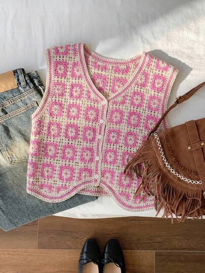 Comfortcana 浅粉色女士碎花单排扣针织背心