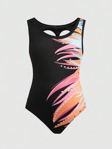 SHEIN Tween Girls' Casual Sports Gymnastics Yoga Shiny Elegant High Stretch Printed Hollow Back Camisole Jumpsuit, Black - Black - View 2