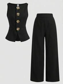 SHEIN 青少年女孩休閒圓領無袖上衣套裝，附金屬鈕扣裝飾 - 黑色 - 查看 6