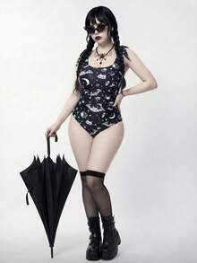 ROMWE Goth Plus Size Women Moon & Bat Print One-Piece Swimsuit - Black - View 4