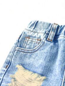 SHEIN Baby Boy Denim Shorts,Distressed Ripped Vintage Washed Light Blue,Summer Casual City Break Style,Elastic Waist With Single Button,Street Fashion Fit - Blue - View 4