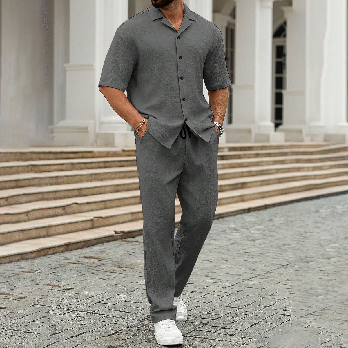 Conjunto de camisa de manga corta con cuello de tela arrugada + pantalones a juego con cordón, imprescindible para salidas y reuniones, prenda básic