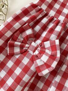 SHEIN Newborn Casual Everyday Bow Tie Red & White Plaid Cap Sleeve Dress + Headband, Versatile For Summer Outings, Photo Shoots Or Daily Wear - Red - View 6