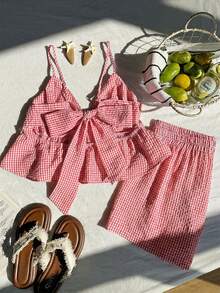 Comfortcana Red & White Plaid Camisole & Shorts Set, Plus Size - Red and White - View 7