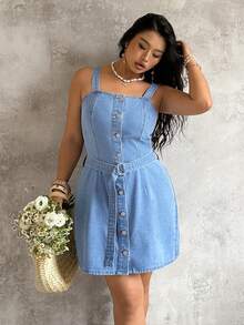 Sunnyshic Summer New Sleeveless Button-Up Denim Dress - Blue - View 4