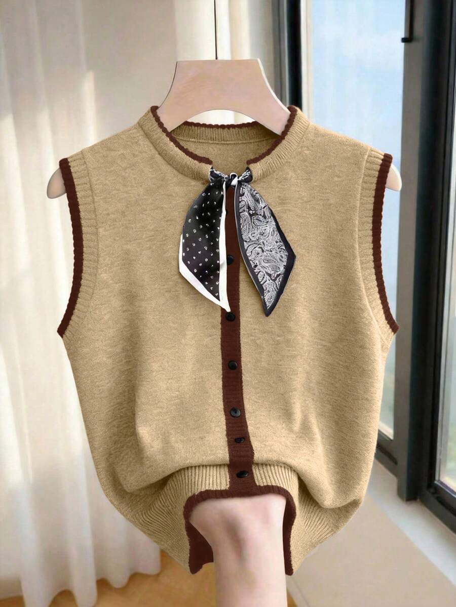Franclia Women's Summer Elegant Shades Of Brown Knit Top,Polka Dot & Paisley Patchwork Sleeveless Vest,Round Neck Slim Fit Polo For Brunch & Work Commute - Ginger - View 1