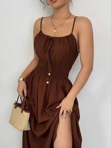 Elenzga Váy suông rộng rãi thoải mái màu cà phê vải lanh thắt nơ phía trước có dây rút ở eo cho nữ, mùa xuân/hè - Cà phê - Xem 8