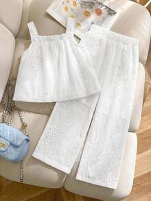 Young Girls Summer New Minimalist Design Casual 2 Pieces Set, White French Square Neck Hollow Crochet Dress Slip Top + Long Pants, Suitable For Daily Casual, Travel And Vacation - Red - View 4