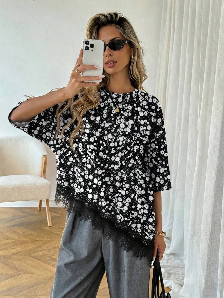 SHEIN LUNE 女士休闲纯色不对称下摆蕾丝拼接花卉印花优雅浪漫T恤，百搭日常穿着，春夏休闲上衣，适合度假、夏季、春季、春假及各种场合，包括沙滩装、休闲衬衫、外套和夏季上衣。也适合节日派对、婚礼等场合。 - 彩色 - 查看 1