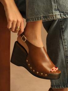 Rosivie 女士棕色铆钉露趾厚底坡跟凉鞋，性感时尚简约法式风格厚底夏季凉鞋 - 暗紅 - 查看 1