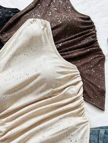 Franclia Bộ 3 món áo và quần short chấm bi lấp lánh dáng bất đối xứng dành cho nữ, thích hợp cho kỳ nghỉ, dạo phố, dự đám cưới trên bãi biển, tiệc tốt nghiệp, ngày lễ Thánh Patrick, kỳ nghỉ xuân, lễ Phục sinh, lễ hội âm nhạc, phong cách boho nhiệt đới thanh lịch. Có các màu nâu, đen, mơ. - Màu be - Xem 6