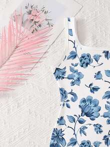 女童紫色碎花无袖连衣裙，适合外出、度假、春季、夏季、秋季日常穿着，舒适百搭 - 藍色 - 查看 6
