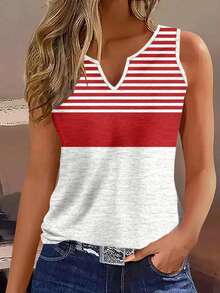 EMERY ROSE European & American Fashion Red Striped V-Neck Camisole, Suitable For Vacation Wear - Multicolor - View 1