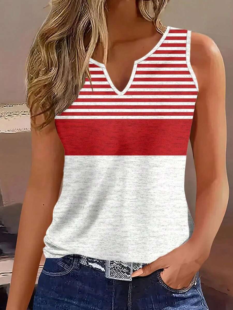 EMERY ROSE European & American Fashion Red Striped V-Neck Camisole, Suitable For Vacation Wear - Multicolor - View 1