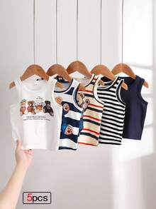 SHEIN Playful Pals 5件套休闲白色针织无袖背心，适合作为内搭，可用于户外活动、休闲穿着、旅行，适合6个月至3岁男婴。 - 彩色 - 查看 3