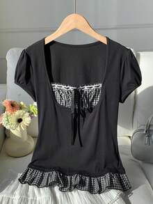 Comfortcana Áo kiểu nữ tay ngắn phối màu kẻ caro trơn, thời trang xuân/hè 2026, kiểu dáng thanh lịch, thích hợp đi nghỉ mát, đi chơi, phong cách Y2K những năm 2000. - Đen và trắng - Xem 4