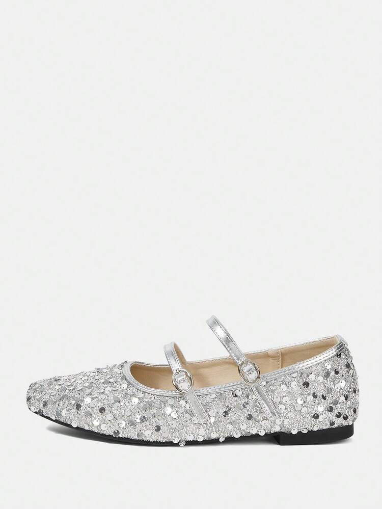 CUCCOO HITCHD Women's Sequin Slip-On Shoes, Spring New Slouchy Shoes With One-Buckle Sequin Low Vamp Casual Soft Bottom Square Toe Shoes Summer Shoes Wedding Shoes Bride Shoes