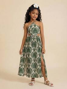 Travachic KIDS 少女度假休闲优雅绿色碎花吊带连衣裙 - 彩色 - 查看 3