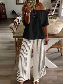 Weeklong Bộ áo và quần short in họa tiết bất đối xứng vai dành cho nữ cỡ lớn, thích hợp cho mùa xuân/hè. - Nhiều màu - Xem 4