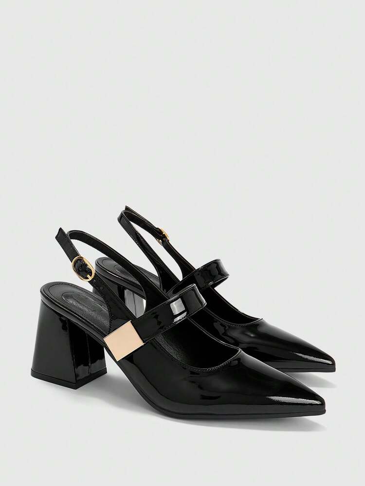 CUCCOO BIZCHIC Women Shoes Pointed Thick High Heel Black Back Strap Slingback Women's High Heel Shoes Simple Temperament Daily Versatile Commuter Fashion Sexy Party Banquet Women's Slingback Shoes