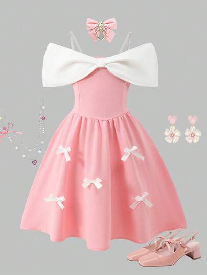 Elladie kids Đầm ngắn xếp ly trễ vai thắt nơ cho bé gái tuổi teen, màu hồng trang trí nơ, kiểu dáng thường ngày, phù hợp cho các hoạt động ngoài trời thanh lịch vào mùa xuân và mùa hè.