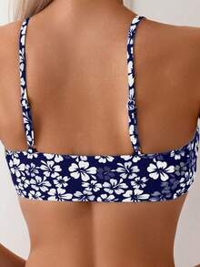 SHEIN Swim 女士泳衣套装，印花坦克背心式泳衣，无钢圈 - 藏蓝色 - 查看 4