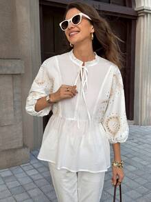Solivie Women's White Embroidered Blouse, Elegant Holiday Doll Shirt - White - View 8