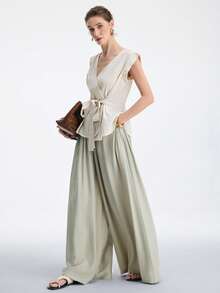 Aalyst 女士亚麻斜纹露肩宽松A字系带腰身休闲衬衫，适合街头、度假、办公室、通勤、春夏穿着 - 杏色 - 查看 6