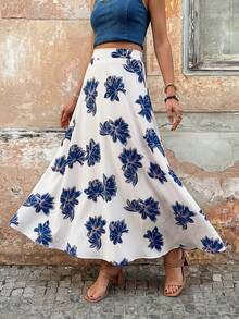 Solivie Damen Lässig Boho-Stil bedruckter Maxirock, geeignet für Urlaub und Alltag - Blau - Übersicht 4