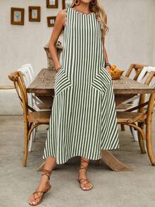 EMERY ROSE Women's Casual Striped Bamboo Knot Sleeveless Pocket Design Dress, Spring/Summer - Green - View 4