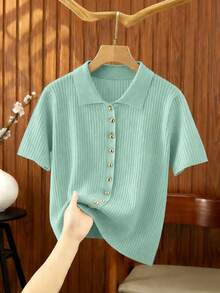 SHEIN Franclia New Summer Casual Loose Versatile Minimalist Elegant Soft Polo Shirt, Suitable For Office, Work, Commute, Metal Button Design, Slim Fit, Modest, Unisex, Extremely Simple Cardigan For Women - Dark Green - View 5