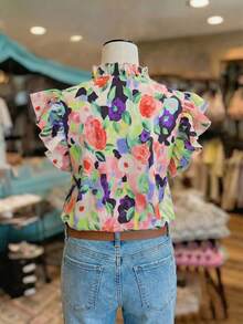 SHEIN Franclia 花卉印花装饰，浪漫假日度假风格女士V领短袖衬衫 - 彩色 - 查看 2