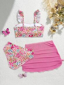 SHEIN Tween Girls 3-Piece Bikini Set,Cute White Ditsy Floral Ruched Crop Top,Adjustable Straps,Triangle Bottoms,Ruffled Sarong Skirt,Summer Vacation Holiday - Multicolor - View 2