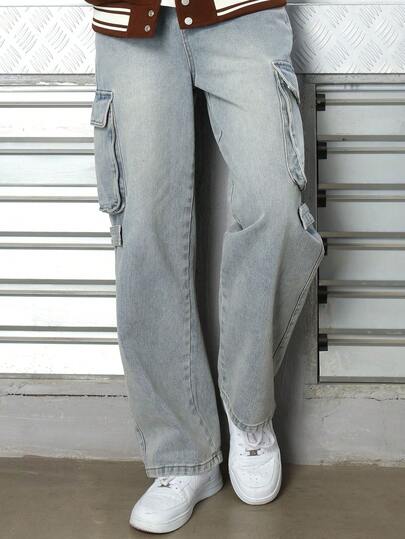  Logeqi® Jeans Vaquero Lavado Baggy Sueltos con gran bolso Streetwear Casual Hippie Rockero De Hombre de Color Azul