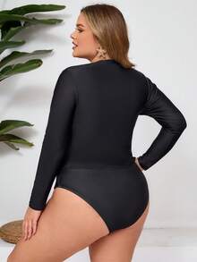 SHEIN CURVE+ Bộ đồ bơi tankini dài tay in hoa dành cho nữ cỡ lớn, thích hợp đi biển, nghỉ mát. - màu đen - Xem 2