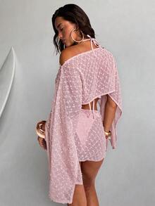 Aloruh 女士春夏新款两件套，提花纹理面料披肩上衣搭配裹身式迷你裙，沙滩/度假装 - 淺粉色 - 查看 2