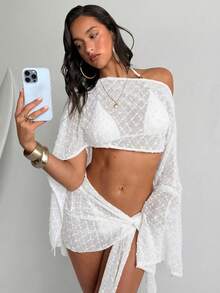 Aloruh 女士春夏新款两件套，提花纹理面料披肩上衣搭配裹身式迷你裙，沙滩/度假装 - 白色 - 查看 7