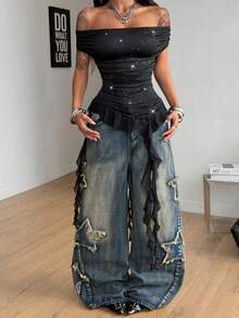 Coolane Women's Summer Rave Outfit Going Out Party Sexy   Game Day  Boho  Music Festival Vacation Sequin Glitter Off The Shoulder Black Ruffle Asymmetrical  Tees - Black - View 3