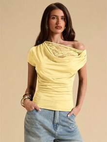 SHEIN BAE Women's Asymmetric Lace Patchwork Sheer Fitted Top, Sexy Lace Summer Top - Yellow - View 4