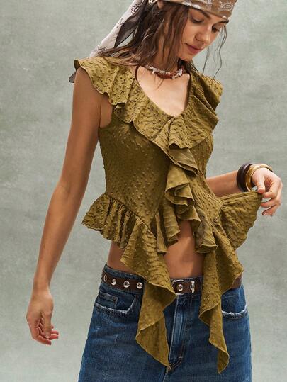 Bohemela Áo hai dây dệt kim màu trơn có bèo nhún ở gấu áo dành cho nữ, thích hợp cho mùa xuân/hè.