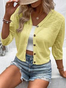 EMERY ROSE Women's Solid Color Short Sleeve Single-Breasted Casual Sheer Cardigan - Yellow - View 3