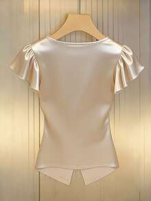 GlowEve Áo sơ mi nữ thanh lịch, tay loe, màu mơ với độ bóng như satin, thích hợp cho công sở. - Màu be - Xem 2