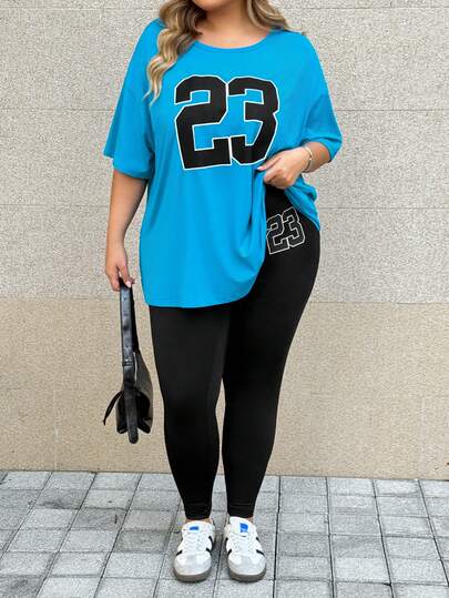 SHEIN CURVE+ Plus Size Women's 2-Piece Set, Street Style Printed Short Sleeve Outfit, Cute Summer Set, Vacation Vibe